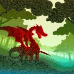 landscape digital image of red dragon in green meadow, created from hand-drawn swirls. 26PM Creatures Illustration Design, Josiah Munsey; 26:PM Online Store; Purchase Roseville Art; Painting