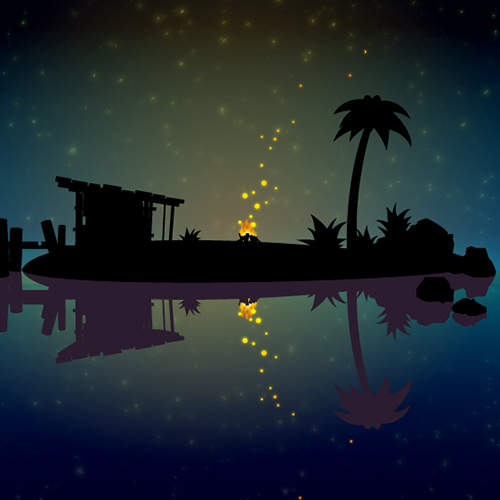 Close-up view of the island "Hideaway" image by Josiah Munsey 26PM 26:PM Roseville. Lovely dusk blue sky with stars, campfire with sparks, and island surrounded by water.