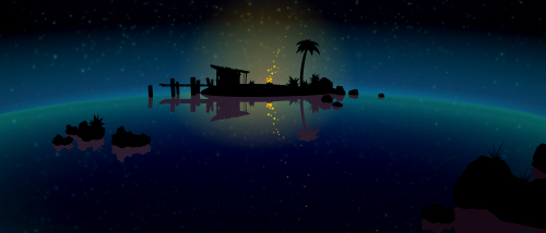 Full widescreen view of the island "Hideaway" image by Josiah Munsey 26PM 26:PM Roseville. Lovely dusk blue sky with stars, campfire with sparks, and island surrounded by water.